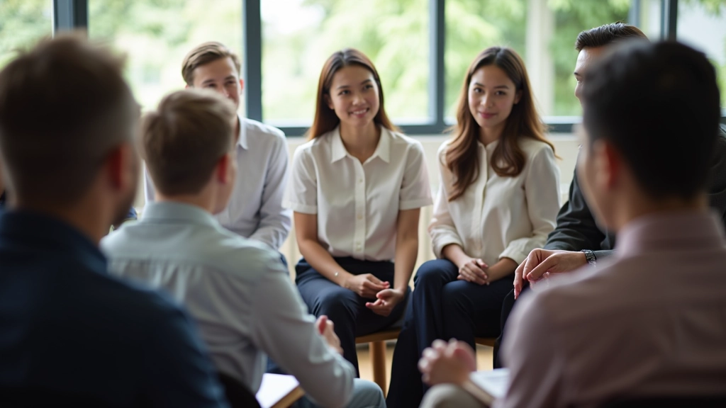 Group of diverse professionals in a workshop setting, discussing goals and taking notes together