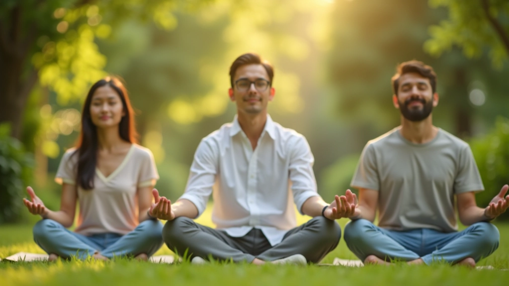 Participants in a personal development retreat session, meditating outdoors in a natural garden setting