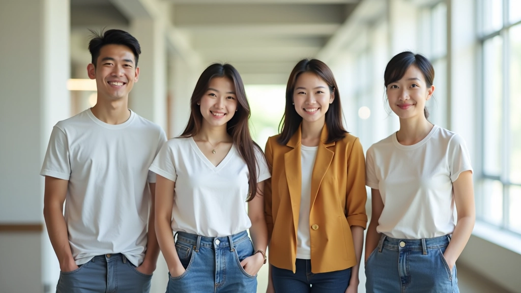 Group of four people standing together in a bright community center, smiling and looking at a whiteboard with goals written